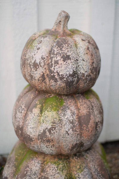 THREE STACKED FAUX CONCRETE PUMPKINS: Gray / Resin / 15"d x 25"t