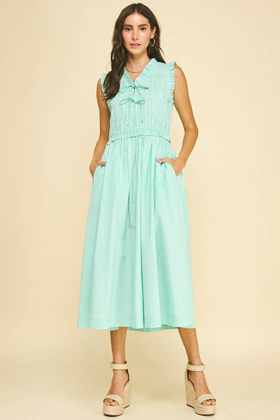 Front-Tie Smocking Midi Dress - Aqua