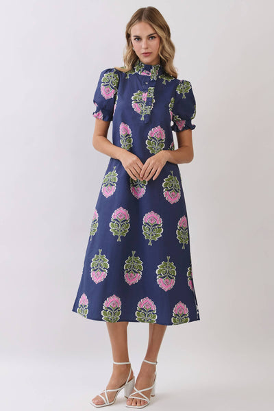 Floral Print Ruffle Collar Button Down Midi Dress: Navy