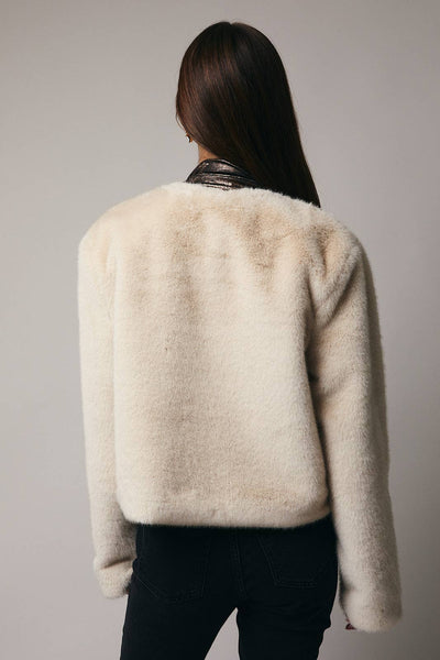 Round Neck Long Sleeve Fur Outerwear: Beige