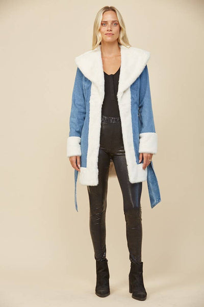 Soft Faux Fur Lined Denim Coat with Sash: Taupe