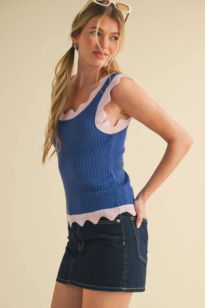 Scalloped Knit Sweater Tank - Blue & Lilac
