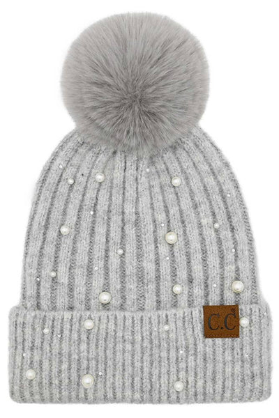 C.C Pearl Embellishments Pom Beanie: Camel
