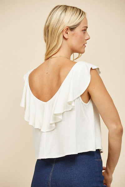 Ruffled Linen Cropped Blouse: Ivory