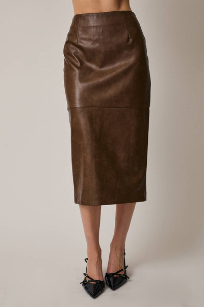 Leather Front Slit Midi Skirt: Brown