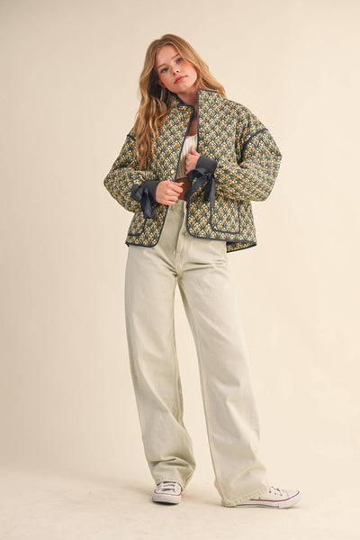 FLORAL QUILTED JACKET WITH RIBBON SLEEVE DETAIL MJK4432: Navy Teal Multi Floral / S