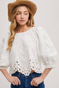 Lace Cutouts Bubble Sleeve Top: Ivory