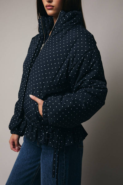 High Neck Long Sleeve Polka Dot Ruffle Quilted Jacket: Navy