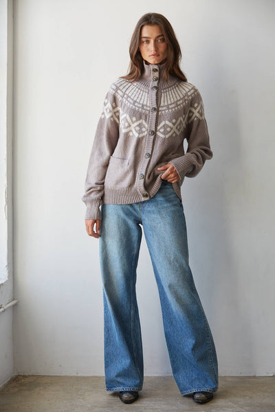 Knit Buttondown Long Sleeve Fair Isle Cardigan : Dark Heather Mocha