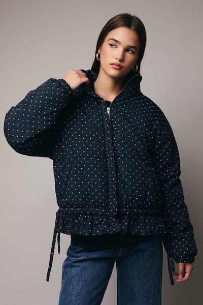 High Neck Long Sleeve Polka Dot Ruffle Quilted Jacket: Navy