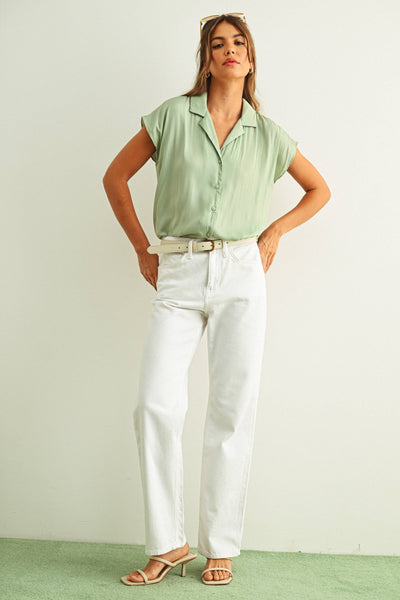 Button Down Cap Sleeve Shirt - Sage Green