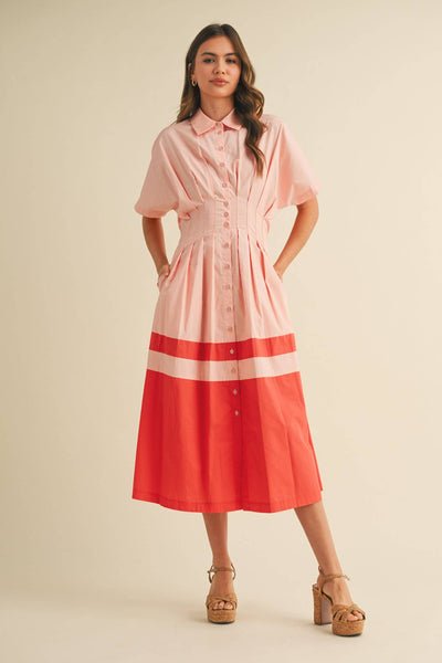 Button Down Midi Dress - Peach & Red