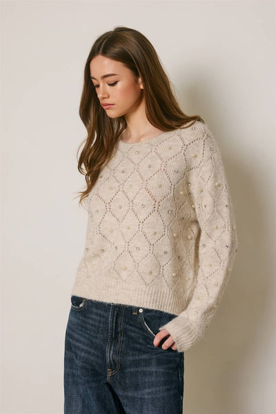 Pearl Embellished Diamond Pointelle Sweater: Ivory