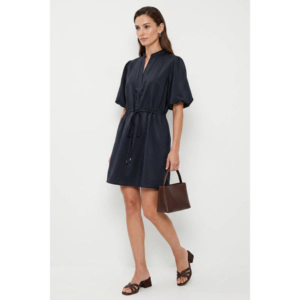 Puff Sleeve Cinched Waist Mini Dress: Navy / S