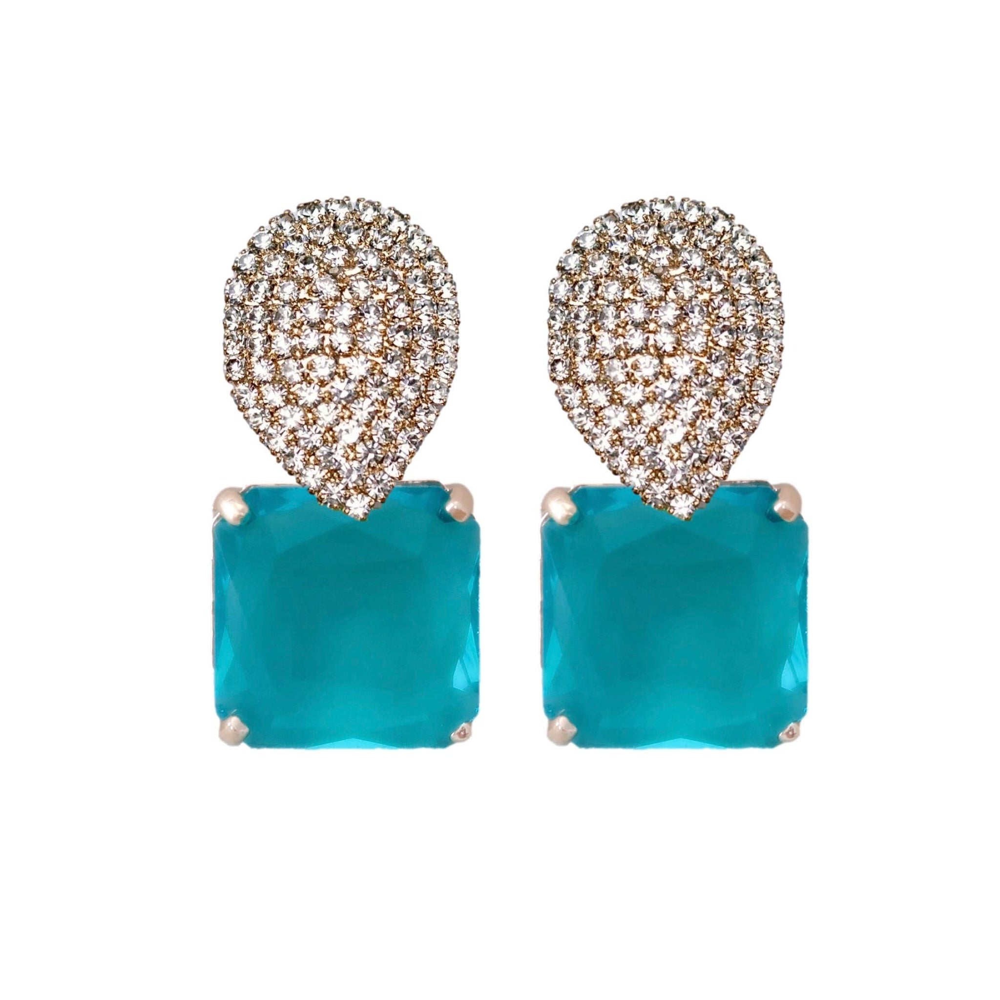 Turquoise Retro Pave Crystal Gum Drop Statement Earrings