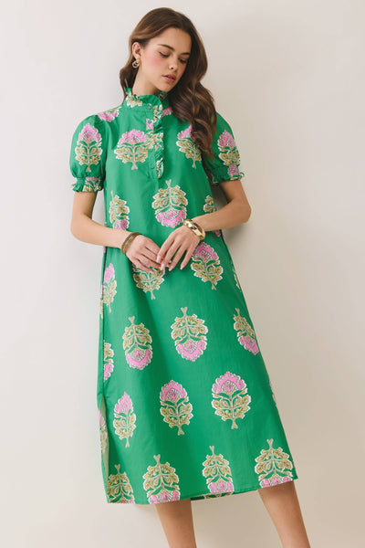 Floral Print Ruffle Collar Button Down Midi Dress - Green