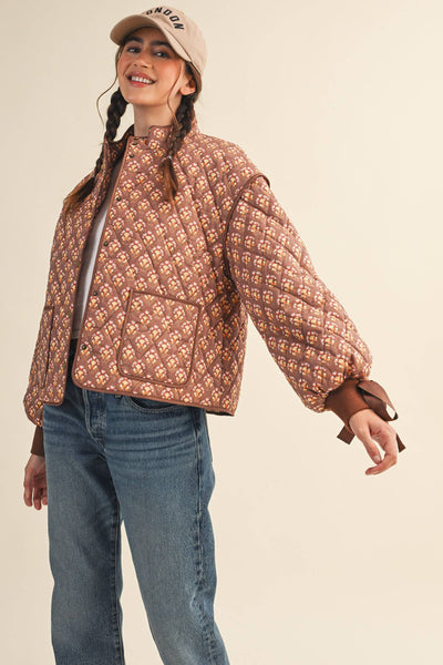 FLORAL QUILTED JACKET WITH RIBBON SLEEVE DETAIL MJK4432: Navy Teal Multi Floral / S
