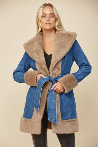 Soft Faux Fur Lined Denim Coat with Sash: Taupe
