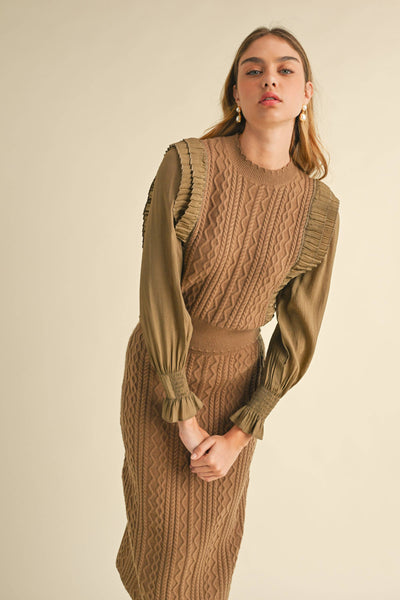 Cable Knit Sweater with Woven Sleeves: Brown