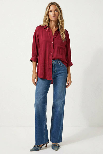 Oversized 3/4 Sleeve Button Up Blouse: Navy / L
