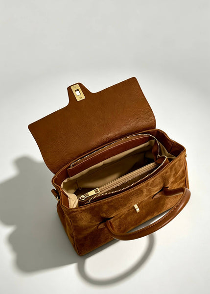 Genuine Leather Bag with Suede Details: Cognac