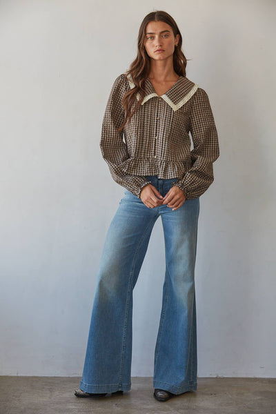 Woven Polyester Cotton Gingham Print Peplum Top: Coffee Brown