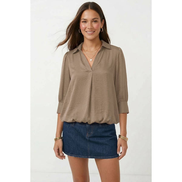 Half Sleeve Hi-lo Bubble Hem Blouse: Navy / S