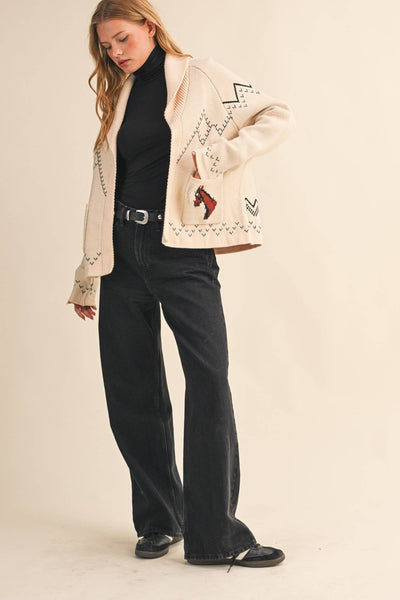 Horse Knit Sweater Cardigan: Beige Taupe