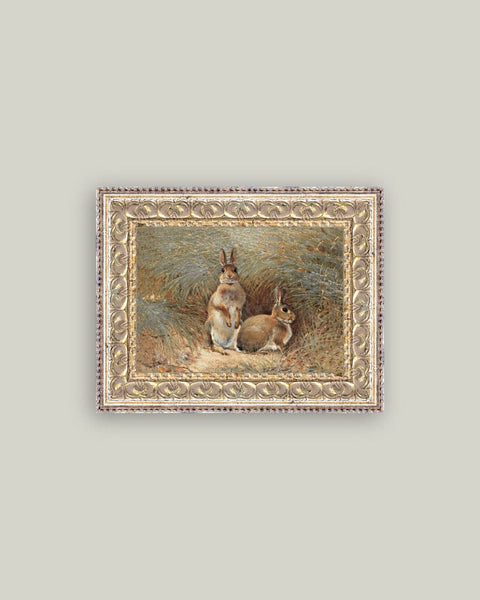 Bunnies Framed Antique Art: 7x5