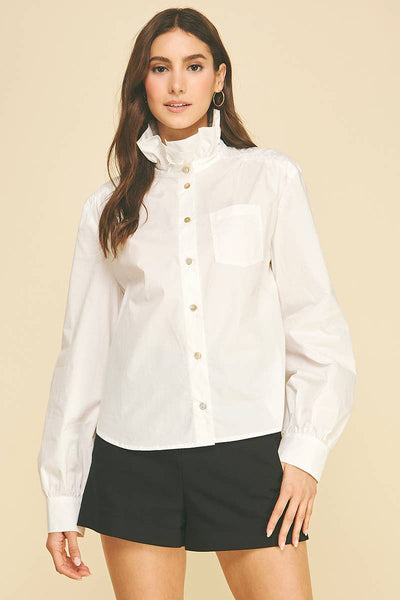 Ruffled High-neck Button Down Shirt: Off White