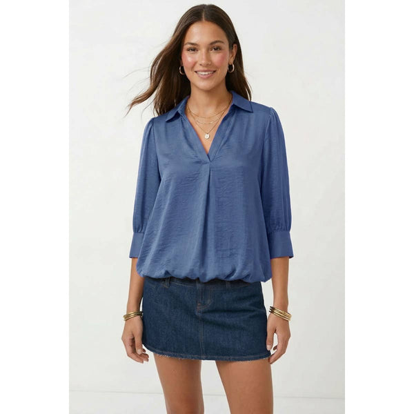 Half Sleeve Hi-lo Bubble Hem Blouse: Navy / M