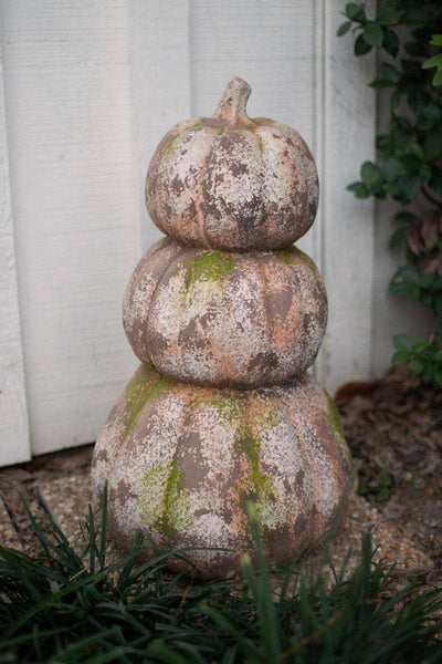 THREE STACKED FAUX CONCRETE PUMPKINS: Gray / Resin / 15"d x 25"t