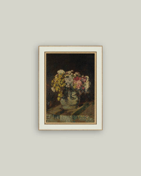 Vase of Pink & Yellow Flowers Framed Antique Art: 7x9