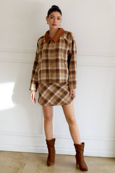 Plaid Bias Mini Skirt: Taupe