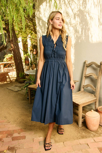 Front-Tie Smocking Midi Dress - Ink
