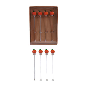 Appetizer Picks with Hand-Blown Glass Pumpkins, Boxed Set of 4