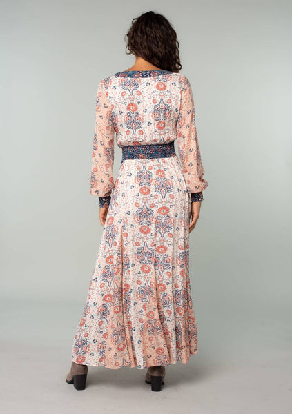 Floral Patchwork Smocked Long Sleeve Maxi Dress: Ivory/Coral