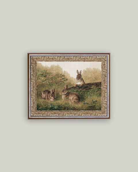 Rabbits on a Log Framed Antique Art: 7x5