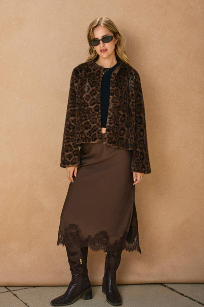 Satin Lace Hem Pencil Skirt: Dark Chocolate