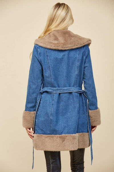 Soft Faux Fur Lined Denim Coat with Sash: Taupe