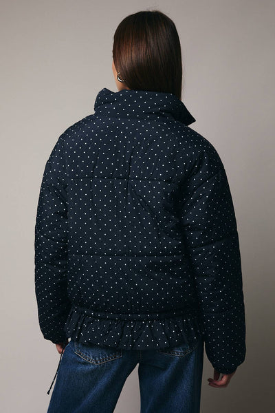 High Neck Long Sleeve Polka Dot Ruffle Quilted Jacket: Navy