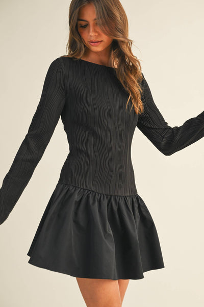 Boat Neck Long Sleeve Mini Dress - Black