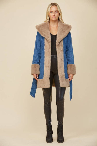 Soft Faux Fur Lined Denim Coat with Sash: Taupe