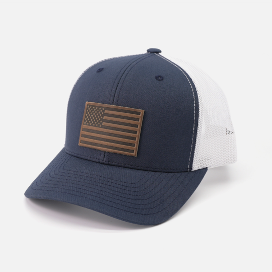 American Flag Hat - Leather Patch Trucker Snapback: Black