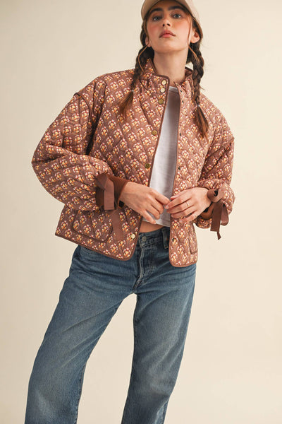 FLORAL QUILTED JACKET WITH RIBBON SLEEVE DETAIL MJK4432: Navy Teal Multi Floral / S