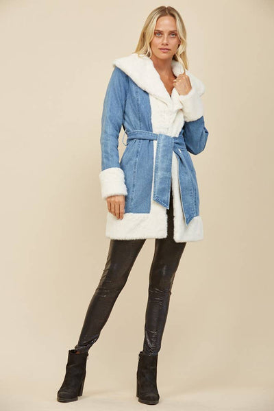 Soft Faux Fur Lined Denim Coat with Sash: Taupe