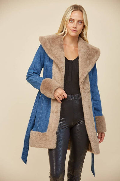 Soft Faux Fur Lined Denim Coat with Sash: Taupe