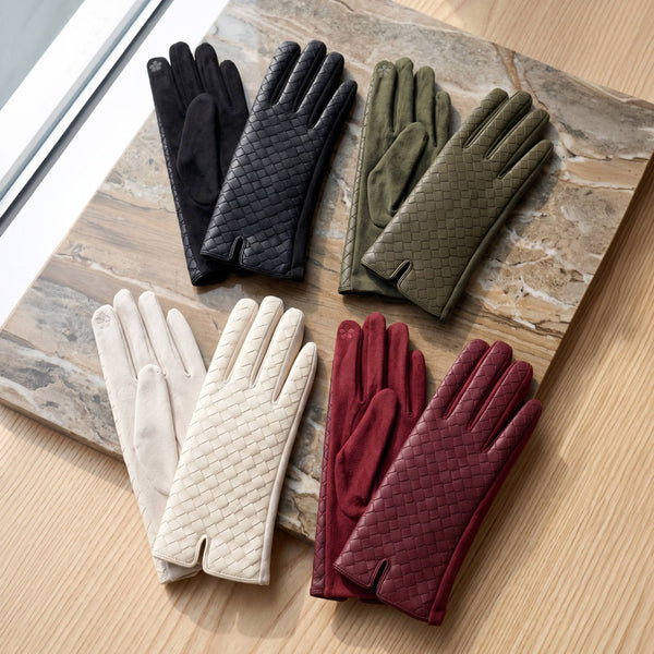 Quilted Faux Leather & Faux Suede Touchscreen Gloves: Olive