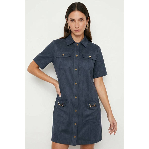 Horsebit Pocket Soft Matte Shirt Dress: Denim blue