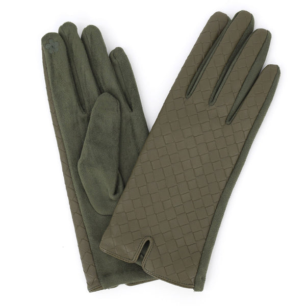Quilted Faux Leather & Faux Suede Touchscreen Gloves: Olive